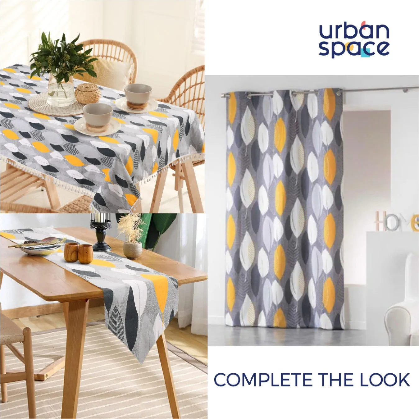 100% Cotton Table runner For 4 or 6 seater Dining / Centre Table - Leaf grey mustard