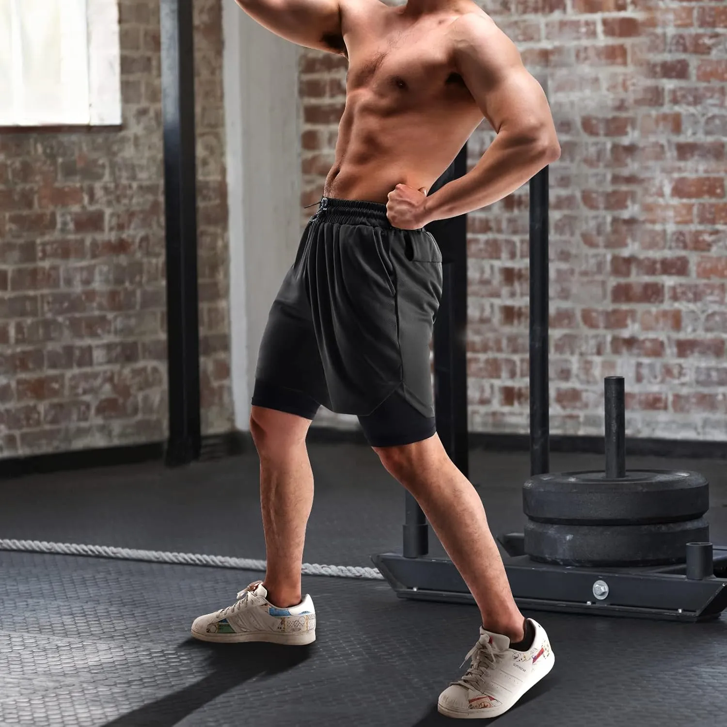 2 in 1 Mens Shorts Casual 2 Pack, Running Gym Shorts for Men 7 Inch, Workout Shorts Men with Pockets &Towel Loop