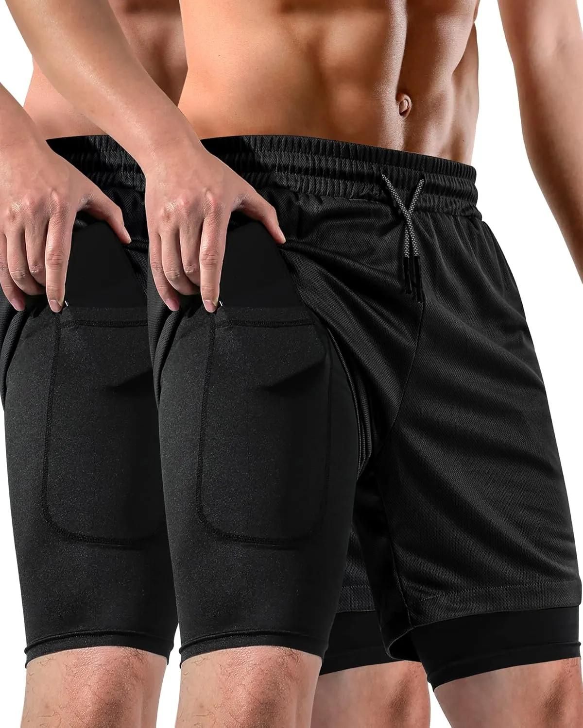 2 in 1 Mens Shorts Casual 2 Pack, Running Gym Shorts for Men 7 Inch, Workout Shorts Men with Pockets &Towel Loop