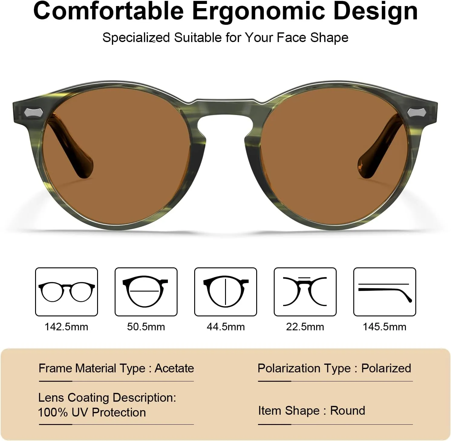 CARFIA Acetate Polarized Sunglasses for Men Retro Classic Round Shades