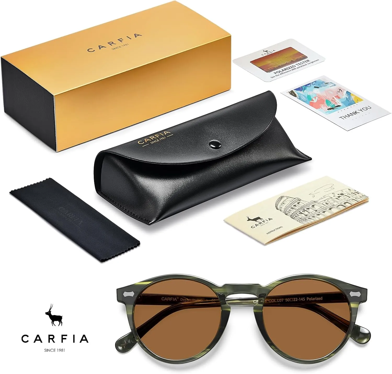 CARFIA Acetate Polarized Sunglasses for Men Retro Classic Round Shades