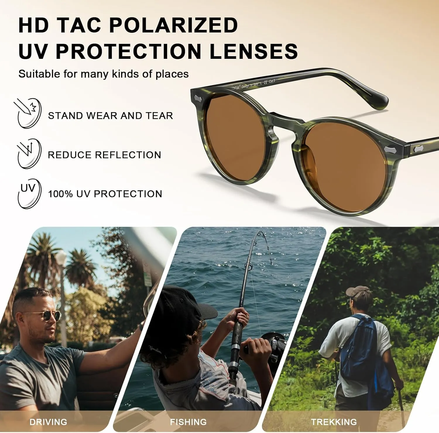 CARFIA Acetate Polarized Sunglasses for Men Retro Classic Round Shades