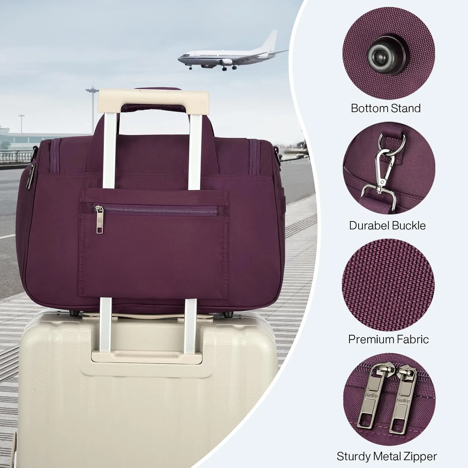 Carry on Duffel Bag Foldable Duffle Bags for Travel, Under Seat Personal Item Bags for Airplanes, Weekender Overnight Mens Travel Tote Bag for Women Small Softside Carry on Luggage (Purple)