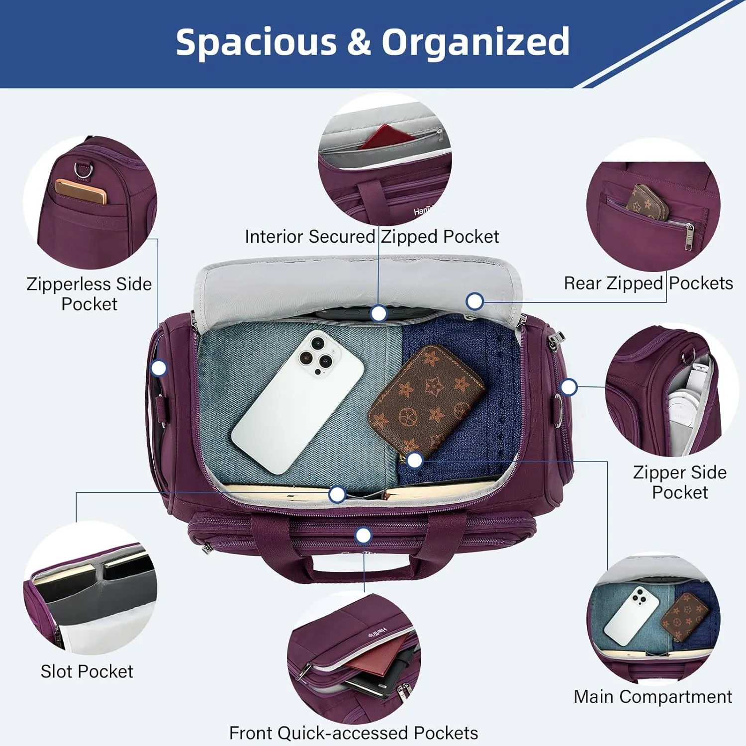 Carry on Duffel Bag Foldable Duffle Bags for Travel, Under Seat Personal Item Bags for Airplanes, Weekender Overnight Mens Travel Tote Bag for Women Small Softside Carry on Luggage (Purple)