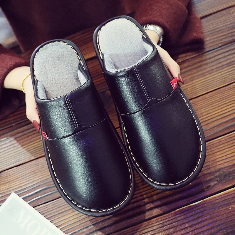 Leather Couple Home Slippers Waterproof Men Slippers