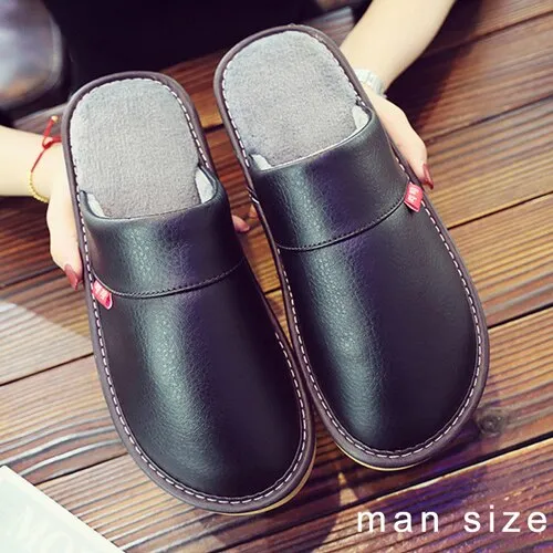 Leather Couple Home Slippers Waterproof Men Slippers