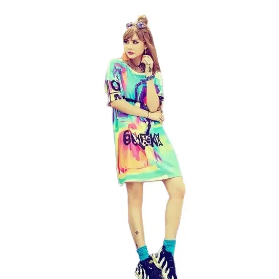 Psychedelic Colors Short Sleeve Loose Tee Dress