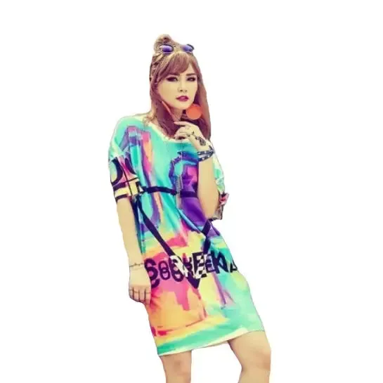 Psychedelic Colors Short Sleeve Loose Tee Dress