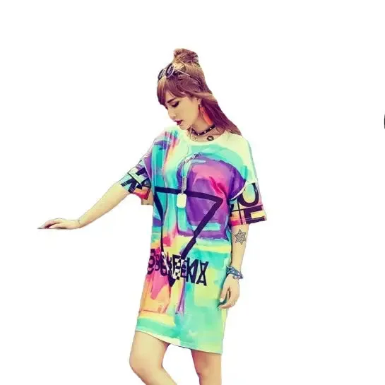 Psychedelic Colors Short Sleeve Loose Tee Dress