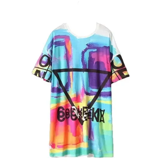 Psychedelic Colors Short Sleeve Loose Tee Dress