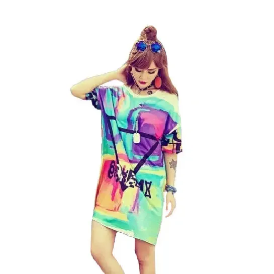 Psychedelic Colors Short Sleeve Loose Tee Dress