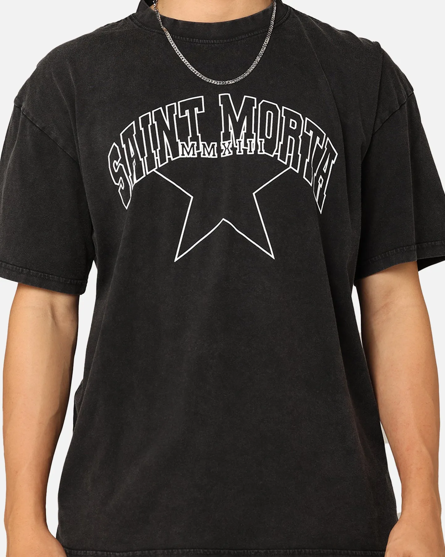 Saint Morta College Star Drop T-Shirt Black Acidwash
