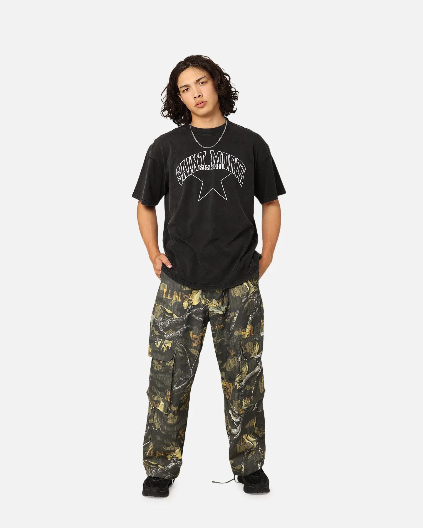 Saint Morta College Star Drop T-Shirt Black Acidwash