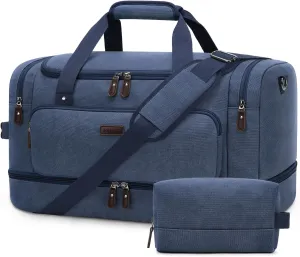 ZOMFELT Duffle Bag for travel, 40L Canvas Travel Duffel Bags for Men Women, Water Resistant Overnight Weekender Bag with Toiletry Bag & Shoe Compartment, Carry on Luggage Bag for Travel, Gym, Blue