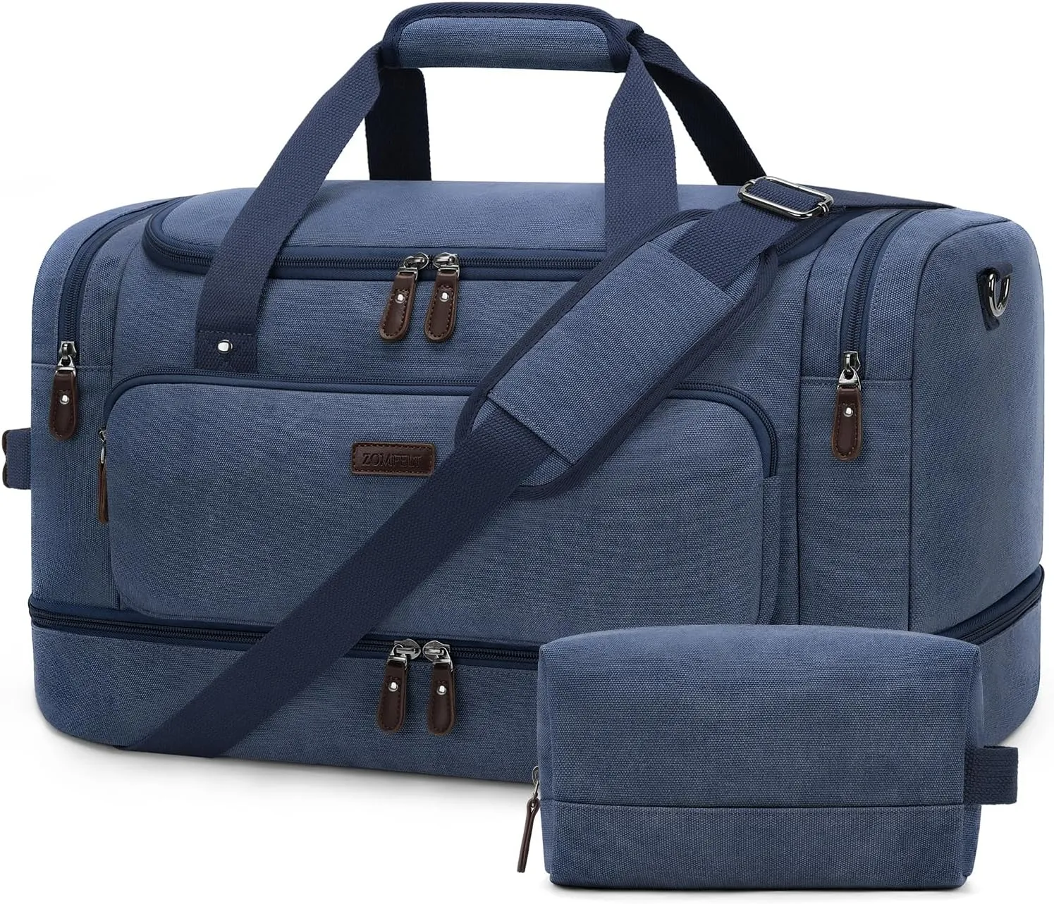 ZOMFELT Duffle Bag for travel, 40L Canvas Travel Duffel Bags for Men Women, Water Resistant Overnight Weekender Bag with Toiletry Bag & Shoe Compartment, Carry on Luggage Bag for Travel, Gym, Blue