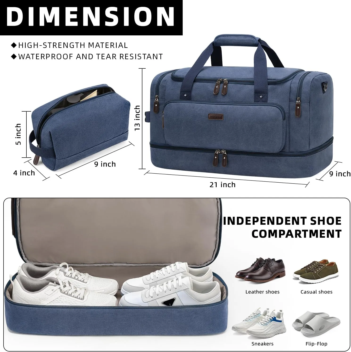 ZOMFELT Duffle Bag for travel, 40L Canvas Travel Duffel Bags for Men Women, Water Resistant Overnight Weekender Bag with Toiletry Bag & Shoe Compartment, Carry on Luggage Bag for Travel, Gym, Blue