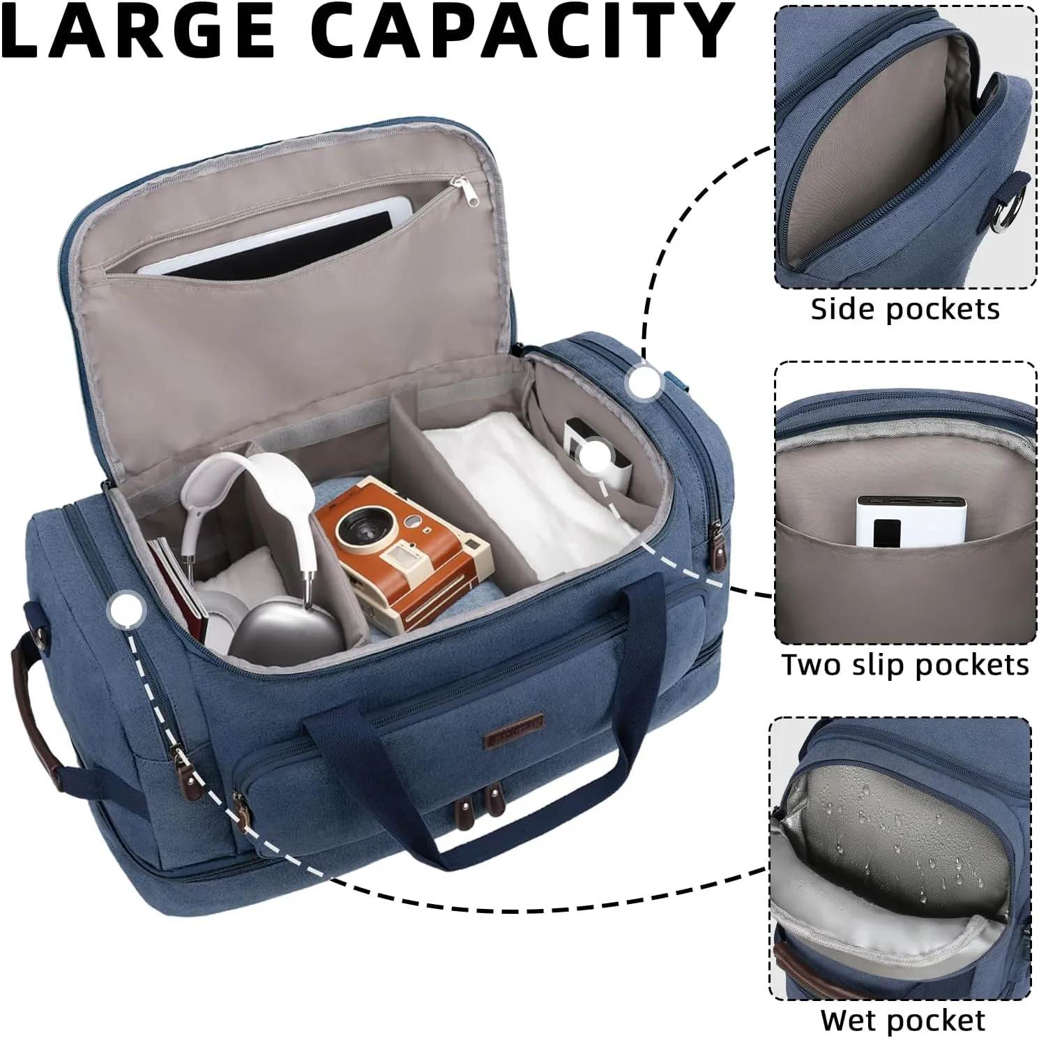 ZOMFELT Duffle Bag for travel, 40L Canvas Travel Duffel Bags for Men Women, Water Resistant Overnight Weekender Bag with Toiletry Bag & Shoe Compartment, Carry on Luggage Bag for Travel, Gym, Blue